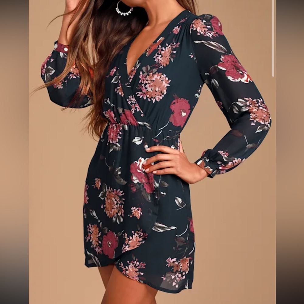 Lulu's Dark Teal Floral Wrap Mini Dress
